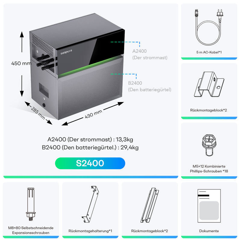 Laden Sie das Bild in Galerie -Viewer, Sunpura S2400 Plug & Play Balkonkraftwerk mit Speicher , AC/DC-Kopplung, Max Input 4400W, 2400Wh, AI HEMS