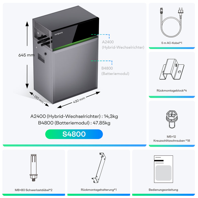 Laden Sie das Bild in Galerie -Viewer, Sunpura S4800 Plug&Play Balkonkraftwerk Speicher 4,8 kWh, AI-HEMS Energiemanagement System AC & DC gekoppelt, stapelbar