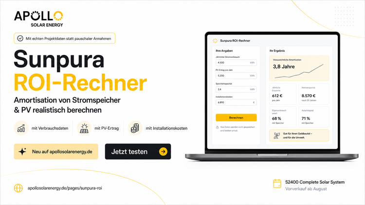 Sunpura S2400 ROI-Rechner für Stromspeicher, PV-Ertrag und Installationskosten