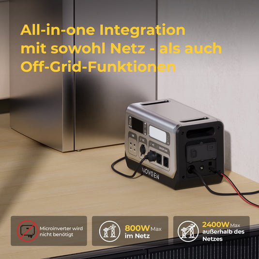👉 Bis zum 30.11.2025: NOVB2048 kaufen – gratis Smart Plug dazu! NOVB-2048 – Die kompakte Komplettlösung für Solarstromspeicher. Der NOVB-2048 vereint MPPT-Laderegler, bidirektionalen Wechselrichter, Batterie und BMS in einem einzigen Gerät. Er unterstützt sowohl den netzgebundenen als auch den autarken Betrieb. Dank vielseitiger Anschlussmöglichkeiten eignet er sich ideal für den dauerhaften Einsatz in Balkonkraftwerken sowie für mobile Anwendungen wie Camping oder Gartenhaus. Beschreibung · Balkonbatterie