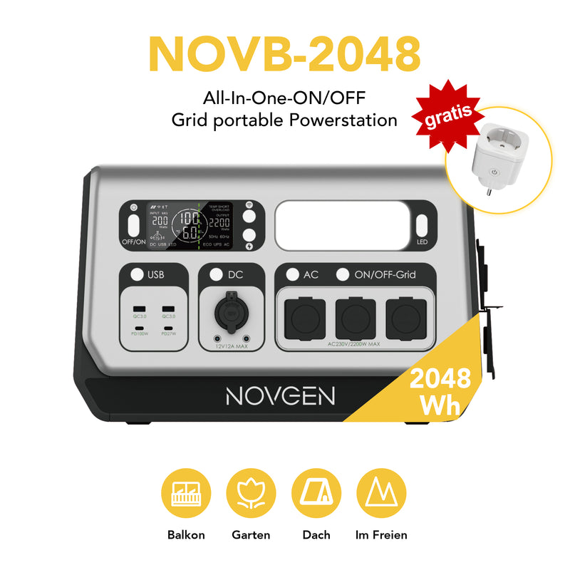 Load image into Gallery viewer, 👉 Bis zum 30.11.2025: NOVB2048 kaufen – gratis Smart Plug dazu! NOVB-2048 – Die kompakte Komplettlösung für Solarstromspeicher. Der NOVB-2048 vereint MPPT-Laderegler, bidirektionalen Wechselrichter, Batterie und BMS in einem einzigen Gerät. Er unterstützt sowohl den netzgebundenen als auch den autarken Betrieb. Dank vielseitiger Anschlussmöglichkeiten eignet er sich ideal für den dauerhaften Einsatz in Balkonkraftwerken sowie für mobile Anwendungen wie Camping oder Gartenhaus. Beschreibung · Balkonbatterie
