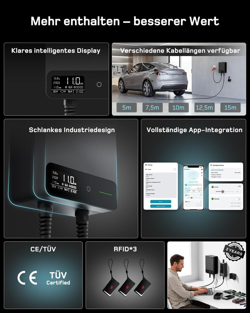 Load image into Gallery viewer, De EV Charger Wallbox 11kW, 7.5m cabel, Black
