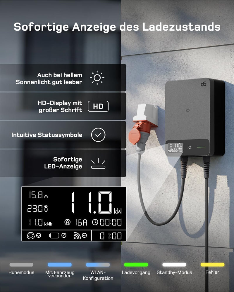 Load image into Gallery viewer, De EV Charger Wallbox 11kW, 7.5m cabel, Black
