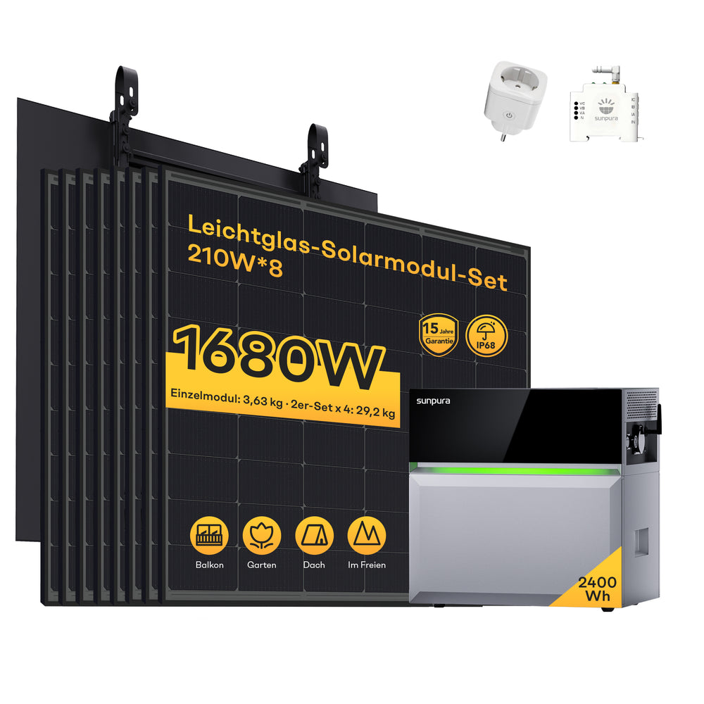 Sunpura S2400 Plug-in Speicher + Solarmodule – A2400+B2400+ Leichtglas Solarmodule 210Wp x8