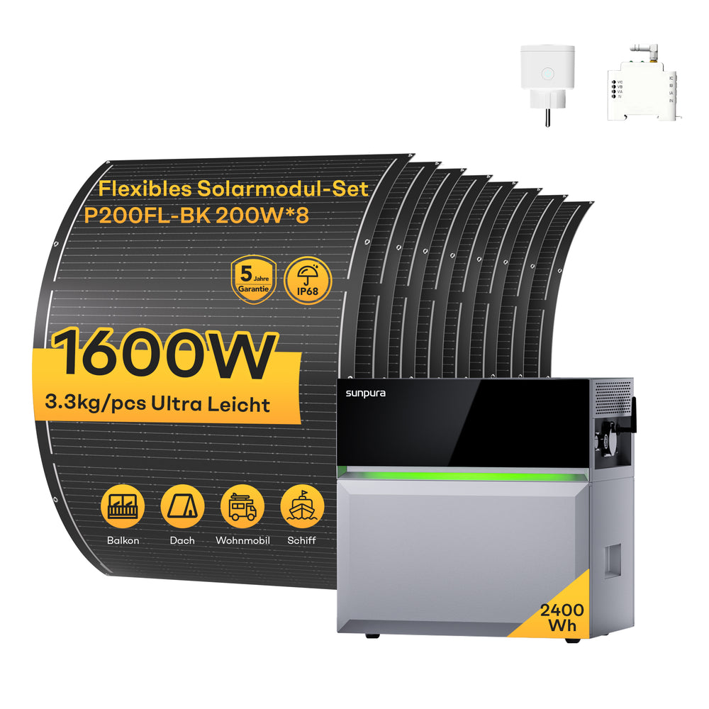 Sunpura S2400 Plug-in Speicher + Solarmodule – A2400+B2400+Flexible Solarmodule 200Wp x8
