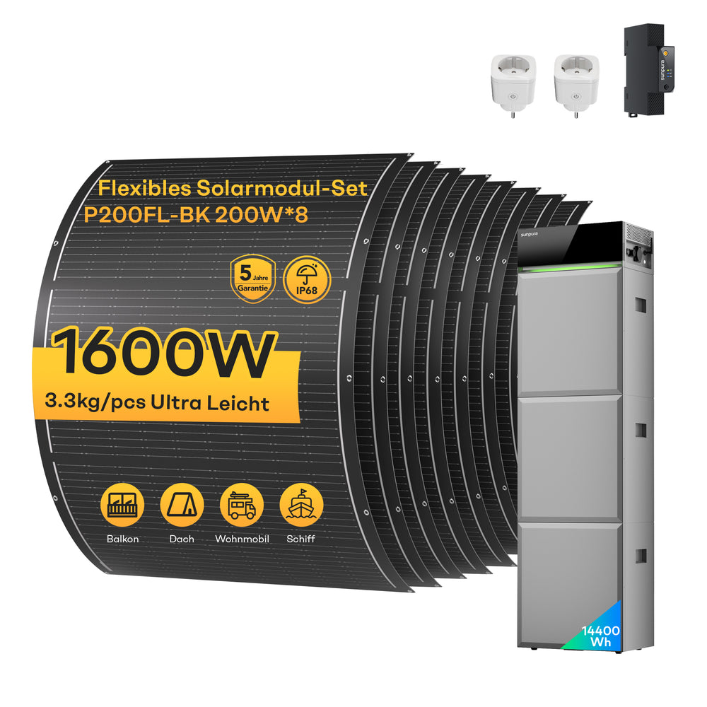 Sunpura S4800 Plug-in Speicher + Solarmodule – S4800 14.4 kWh + 8x200Wp Flexible Solarmodule