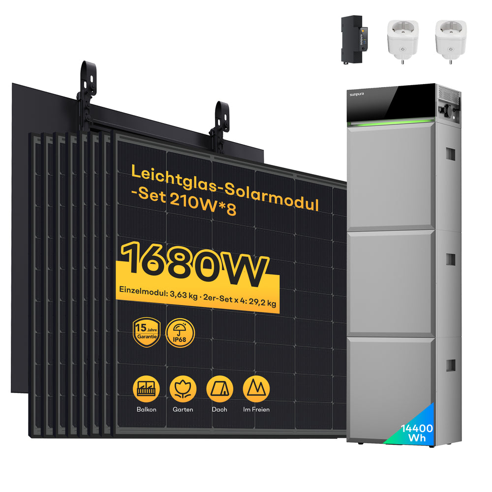 Sunpura S4800 Plug-in Speicher + Solarmodule – S4800 14,4 kWh + 8x210Wp Leichtglas Solarmodule