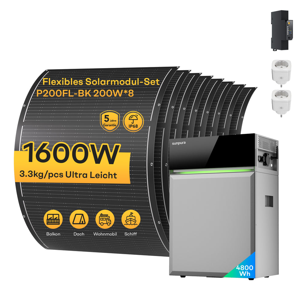 Sunpura S4800 Plug-in Speicher + Solarmodule – S4800 4,8 kWh + 8x200Wp Flexible Solarmodule