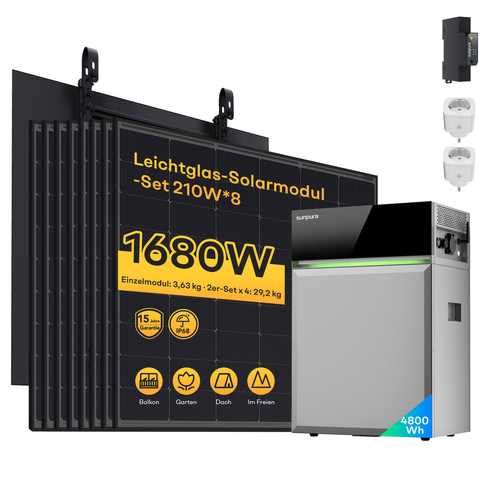 Sunpura S4800 Plug-in Speicher + Solarmodule – S4800 4,8 kWh + 8x210Wp Leichtglas Solarmodule