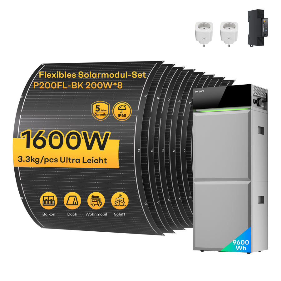 Sunpura S4800 Plug-in Speicher + Solarmodule – S4800 9,6 kWh + 8x200Wp Flexible Solarmodule