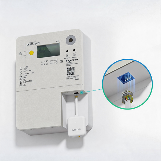 Sunpura P1 Zählerleser WLAN – Energie Monitor für Smart Meter mit P1 Schnittstelle – Echtzeit Verbrauchsdaten per Sunpura App – Plug & Play – 2,4 GHz WiFi - Bluetooth (BLE)