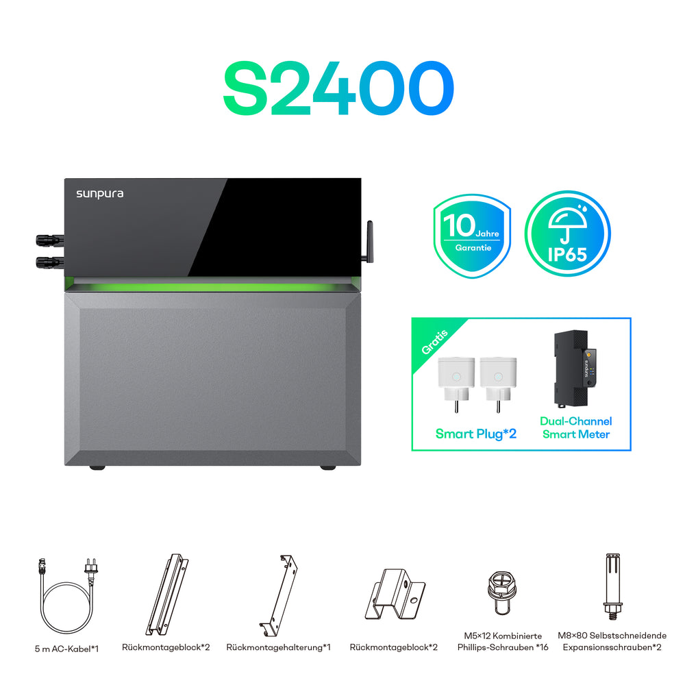 Sunpura S2400 System konfigurieren: Sunpura S2400 + Solarmodule 500Wp + Gridbox GB-22 + EV-Ladestation – 2.4 kWh (A2400+B2400)
