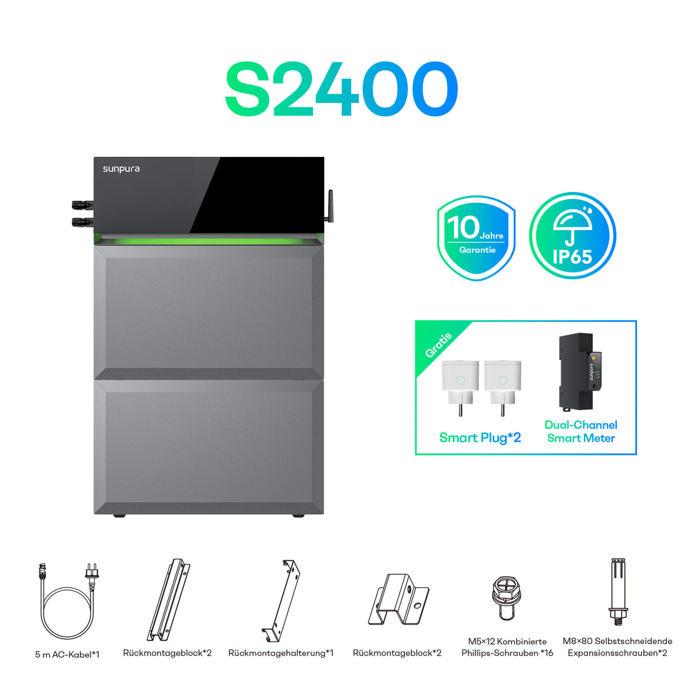 Sunpura S2400 System konfigurieren: Sunpura S2400 + Solarmodule 500Wp + Gridbox GB-22 + EV-Ladestation – 4.8 kWh (A2400+B2400*2)