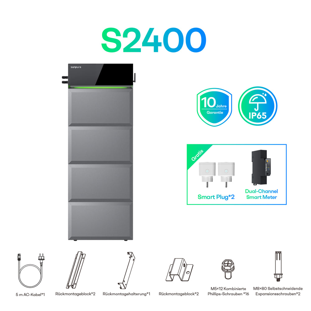 Sunpura S2400 System konfigurieren: Sunpura S2400 + Solarmodule 500Wp + Gridbox GB-22 + EV-Ladestation – 9.6 kWh (A2400+B2400*4) Empfohlen