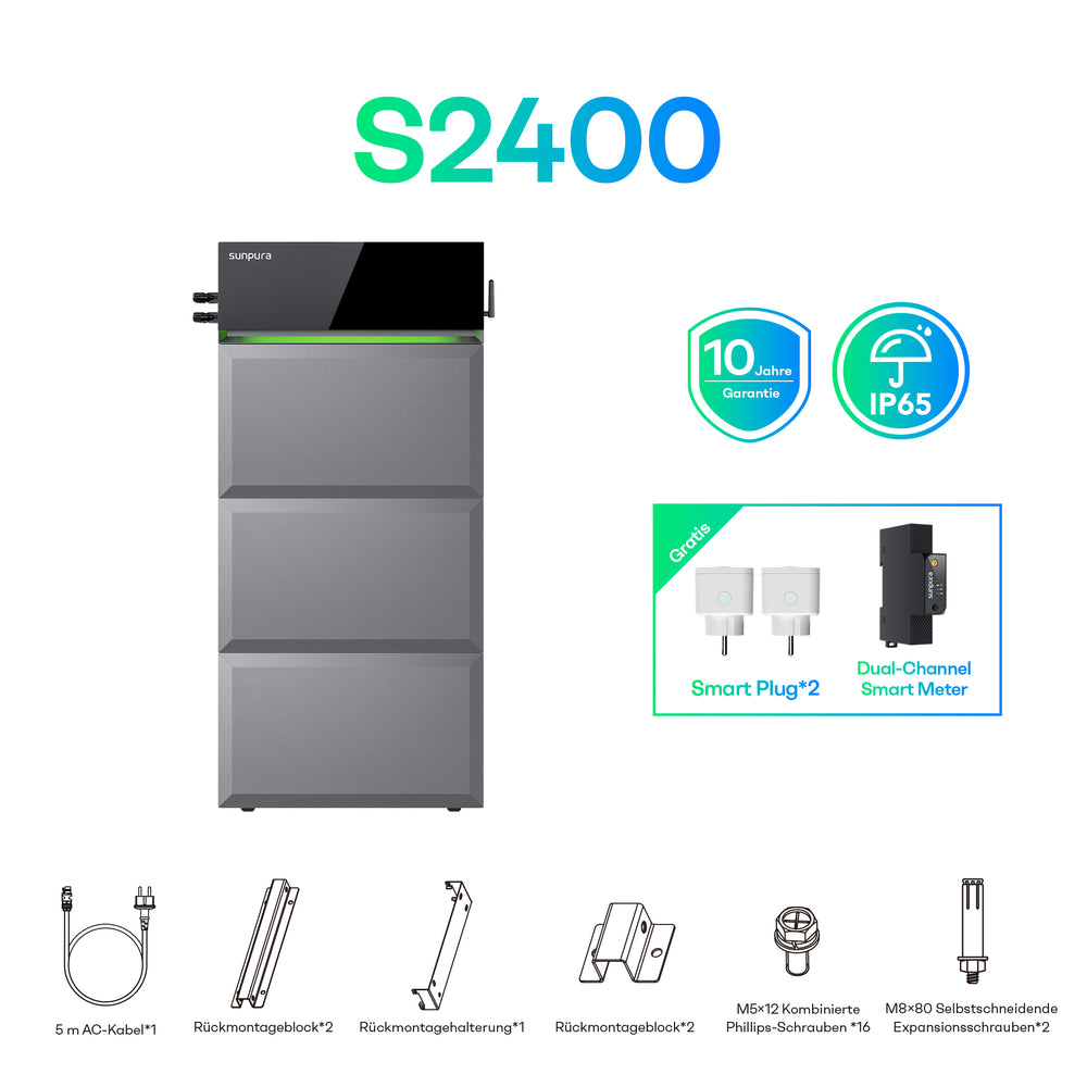 Sunpura S2400 System konfigurieren: Sunpura S2400 + Solarmodule 500Wp + Gridbox GB-22 + EV-Ladestation – 7.2 kWh (A2400+B2400*3)