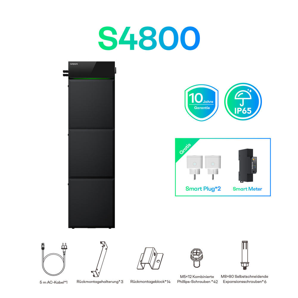 Sunpura S4800 Plug&Play Balkonkraftwerk Speicher 4,8 kWh – Black / 14.4 kWh (A2400 + B4800 ×3) EMPFOHLEN