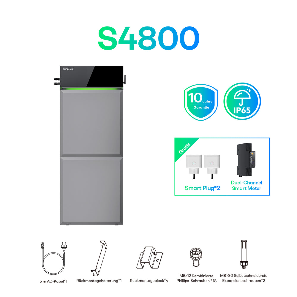Sunpura S4800 Plug&Play Balkonkraftwerk Speicher 4,8 kWh – 9.6 kWh (A2400 + B4800 ×2)