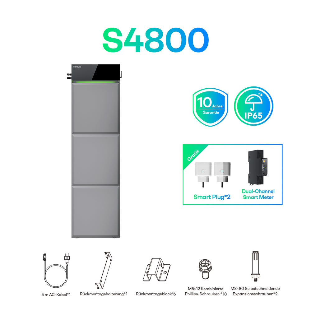 Sunpura S4800 Plug&Play Balkonkraftwerk Speicher 4,8 kWh – 14.4 kWh (A2400 + B4800 ×3) EMPFOHLEN