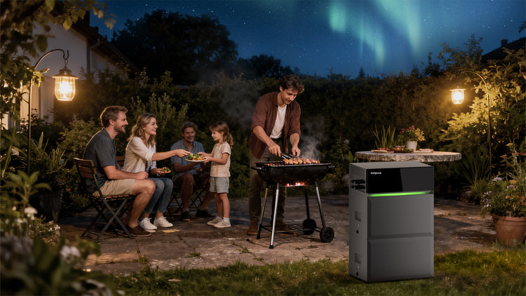 Sunpura S2400 Stromspeicher als Notstrom- und Outdoor-Energiequelle bei Grillabend im Garten unter Polarlichtern