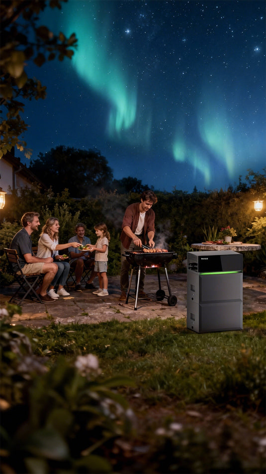 Sunpura S2400 Stromspeicher als Notstrom- und Outdoor-Energiequelle bei Grillabend im Garten unter Polarlichtern
