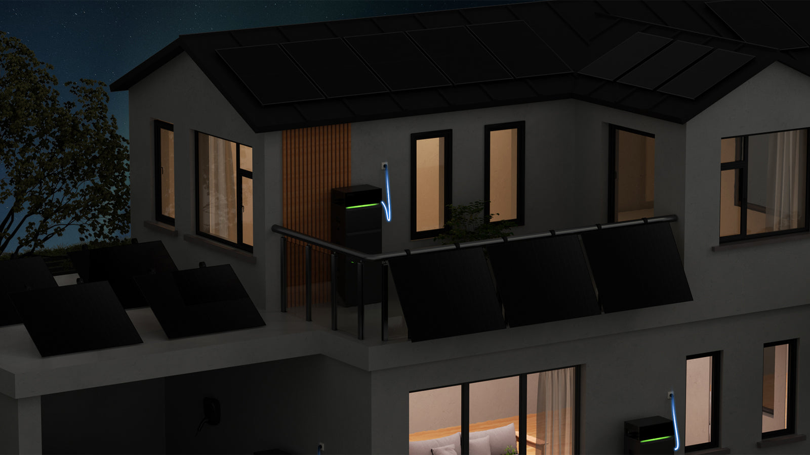 Sunpura S2400 Energiespeichersystem im nächtlichen Smart Home Betrieb mit PV-Integration und Außenbeleuchtung
