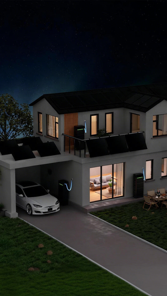 Sunpura S2400 Energiespeichersystem im nächtlichen Smart Home Betrieb mit PV-Integration und Außenbeleuchtung