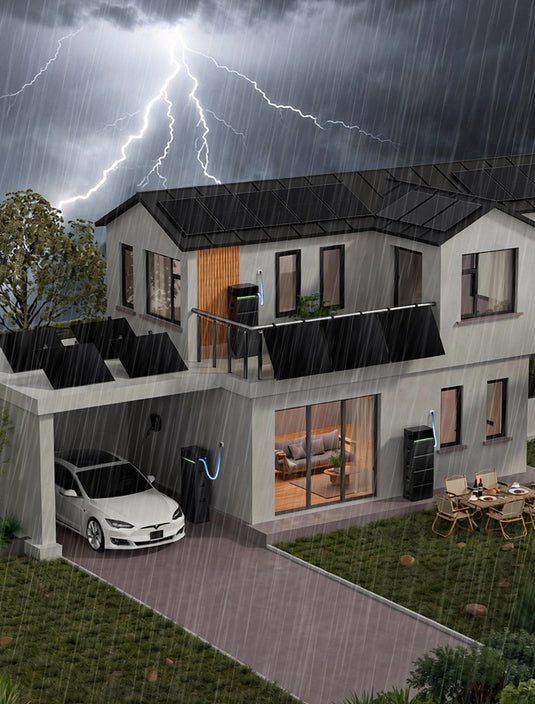 Sunpura S2400 Energiespeicher im Außeneinsatz bei starkem Regen und Gewitter, wetterbeständiges Design für zuverlässige Stromversorgung bei Unwetter